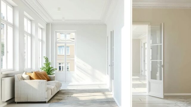 Collage of room before and after renovation, reconstruction. Bright room with high ceiling in old antique house. 