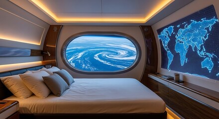 Futuristic bedroom with a view of earth from space, featuring a large oval window and a world map projection on the wall, creating a unique ambiance