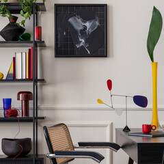 Workplace interior with mock up poster frame, black desk, rattan chair, stylish rack, books, yellow...
