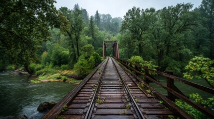 Obraz premium Serene Railway Bridge Surrounded by Lush Green Trees and Foggy Atmosphere in a Peaceful Natural Setting