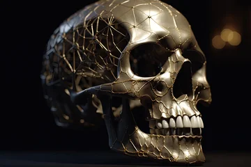 Artistic golden metallic skull with geometric mesh grid design in dramatic moody lighting for science fiction, technology, and abstract art concepts © swillklitch