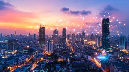 Fototapeta premium Stunning cityscape at sunset with interconnected network, perfect for technology, business, and futuristic concepts, a vibrant urban scene