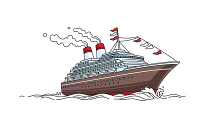 Cartoon cruise ship sailing on the ocean with red flags and smoke coming from chimneys.