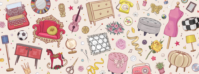 Garage sale background with hand drawn furniture and interior things in retro style. Home decoration horizontal pattern. Vintage interior items backdrop. Vector illustration