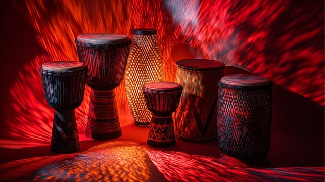 Creative photo of African drums arranged around a Kinara, vibrant colored lights casting dramatic shadows