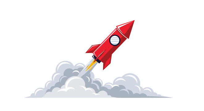 A red cartoon rocket blasting off with a trail of smoke and fire against a white background.