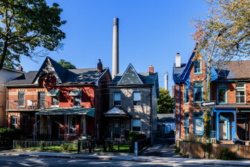Row of colorful, old homes in the Kensington Market neighborhood of Toronto, Ontario, Canada.