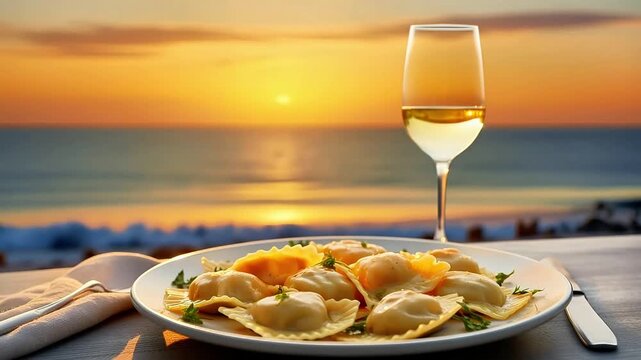 Mediterranean dinner in open-air restaurant against of seascape, ravioli and glass of white wine. Sea sunset. Holidays in resort hotel, relaxation, travel