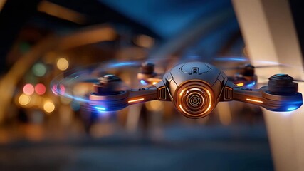 Dynamic futuristic drone flying at night with spinning rotors and glowing lights, perfect for innovative technology and advanced surveillance concepts - Powered by Adobe