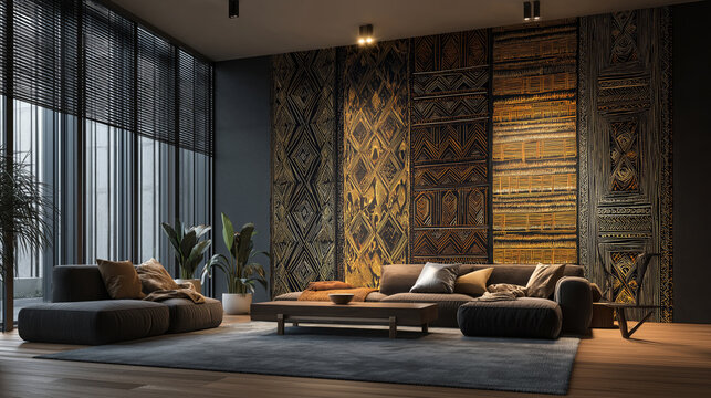 Wide shot of modern living room with projector showing African patterns on walls during Kwanzaa