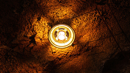 A ceiling lighting lamp in metal retro design was installed at the rock mine industrial workplace,...