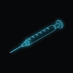 Neon blue syringe glowing against a black background, representing medical concepts, vaccination, or drug addiction