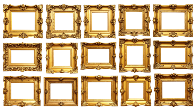  Set of Ornate Antique Gold Picture Frames, Isolated on Transparent Background PNG