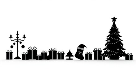 Row of Christmas gifts and decorations on a white background