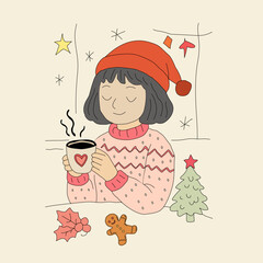 Cozy morning coffee doodle illustration. Cute girl enjoying coffee in a cozy café. Hand drawn coffee moment vector art. Relaxing coffee time flat line style. Warm coffee break with cute character. 