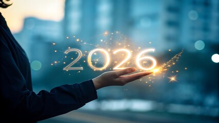 Businesswoman holding glowing 2026 numbers in her hand for the upcoming year