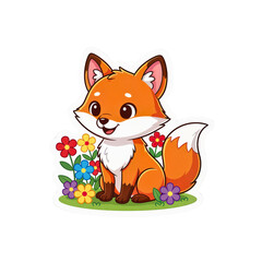 Obraz premium cartoon fox sitting among colorful flowers, cute animal illustration in flat style, perfect for kids design, stickers, and nursery prints