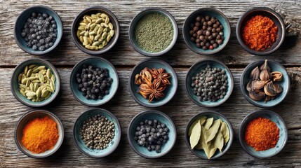 A variety of colorful spices are arranged in small ceramic bowls on a rustic wooden table.