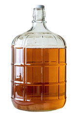 Large glass carboy with amber liquid, isolated PNG transparent background