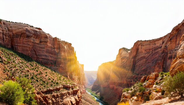 deep canyon landscape with glowing sunlight in the center isolated on white cutout background