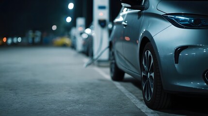 Modern electric cars connected to charging stations in a dimly lit parking lot at night representing sustainable future mobility