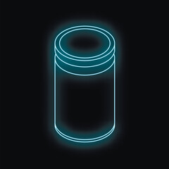 Neon blue isometric storage container glowing on black background