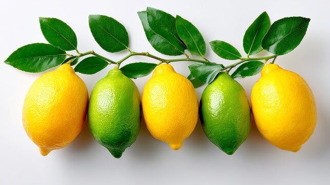 Fresh lemons and limes arranged in a row with vibrant green leaves, showcasing the natural colors and textures of citrus fruits, perfect for culinary or health-related projects and designs