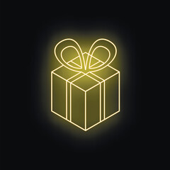 Glowing yellow neon gift box with ribbon on dark background representing celebration, surprise, and special occasions
