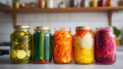 Fermentation Jars with Colorful Probiotic Foods in Bright Kitchen, Healthy Home Food Prep Scene