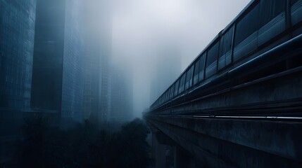 Monorail track curving into a foggy futuristic city with tall buildings