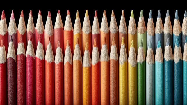 A row of sharpened colored pencils arranged by hue, forming a vibrant, orderly gradient against a black background.