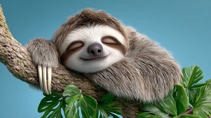 Obraz premium Cute sloth resting on a tree branch, surrounded by vibrant green leaves, showcasing its relaxed demeanor and fluffy fur, embodying tranquility and the essence of a peaceful wildlife moment