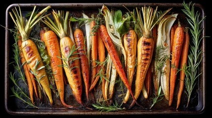Roasted carrots and herbs arranged on a baking tray, glistening and caramelized, ready to serve.