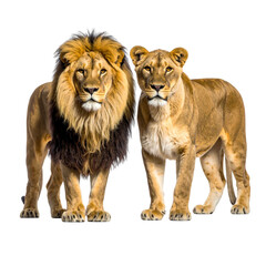 Obraz premium Lion and Lioness Standing Together, Majestic Wildlife Couple, isolated on transparent background