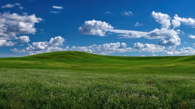 Vast green rolling hills under a bright blue sky with fluffy white clouds and a field of wildflowers