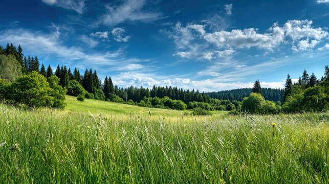 Vast green meadow with tall grass and evergreen trees under a dramatic blue sky with white clouds