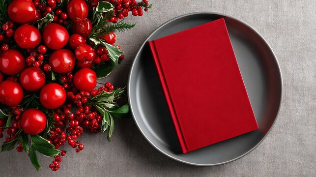 Red hardcover book placed on a gray plate surrounded by vibrant red ornaments and greenery, creating a festive atmosphere perfect for holiday celebrations and seasonal decor inspiration