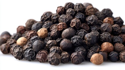 Fototapeta premium Close up macro shot of a pile of whole black peppercorns on a white background