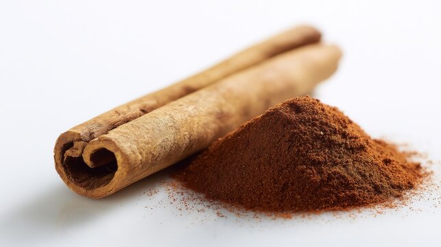 Close up of cinnamon sticks and a pile of ground cinnamon spice on a white background
