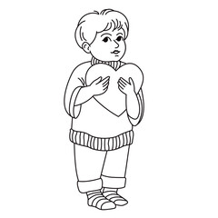 A cute little boy holding a heart-shaped figure. Hand-drawn vector line illustration. Black outline on a white background. Happy Mother's Day.