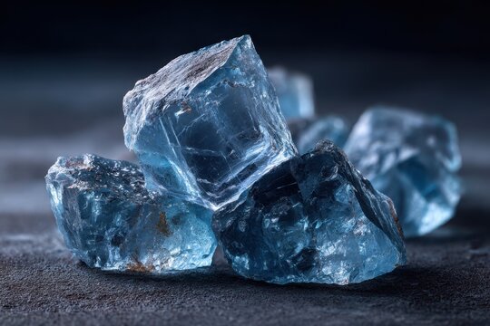 Rough blue topaz crystals on gray surface