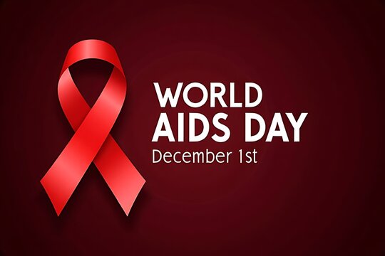 World aids day with red ribbon on dark red background with december 1st
