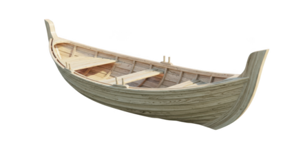 A weathered wooden rowboat with seats and oars isolated on transparent background