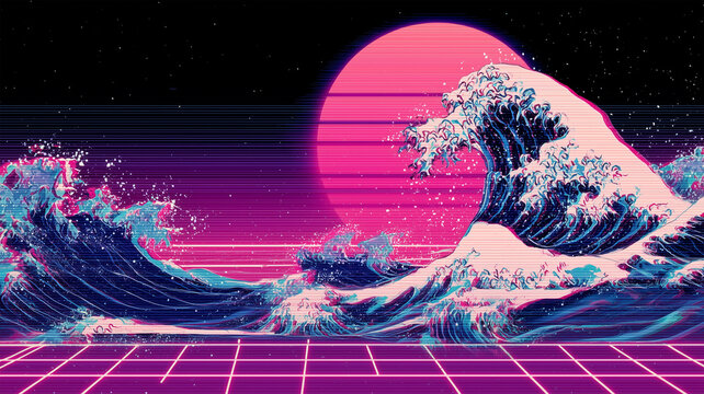 ネオン波とピクセルサン&mdash;未来浮世絵アートの描写