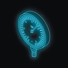 Glowing neon blue pressure gauge indicating measurement on a dark background