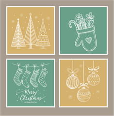 Minimalist Christmas line art illustration set with trees, gifts, stockings, and baubles on green and gold backgrounds, elegant holiday design
