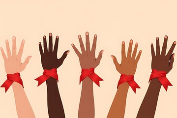 Obraz premium Diverse hands united with red ribbons for aids awareness and solidarity