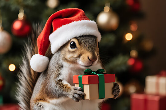 Adorable Squirrel in Santa Hat Holding a Christmas Gift Against a Festive Bokeh Background

 - Powered by Adobe