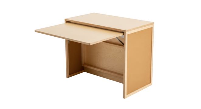 Light brown wooden lectern with foldable writing surface isolated on transparent background