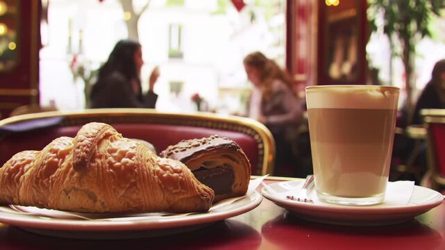 French cafe breakfast with pastries and latte, background features people, ideal for dining, lifestyle